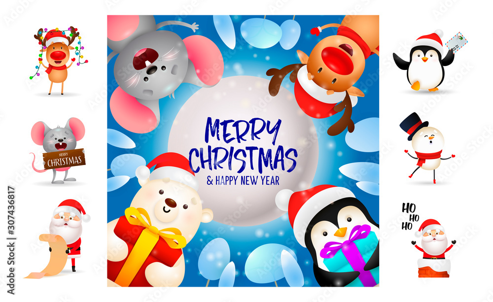 Merry Christmas and happy New Year card on blue background. Text with decorations can be used for invitation and greeting card. New Year concept Merry Christmas and happy New Year card on blue background. Text with decorations can be used for invitation and greeting card. New Year concept