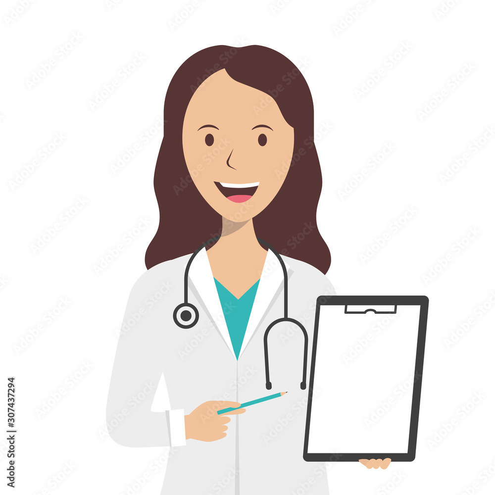 Woman doctor holding a white sheet of paper in her hands with a diagnosis, vector illustration isolated on white background. Female doctor therapist points to a white sheet of paper Woman doctor holding a white sheet of paper in her hands with a diagnosis, vector illustration isolated on white background. Female doctor therapist points to a white sheet of paper