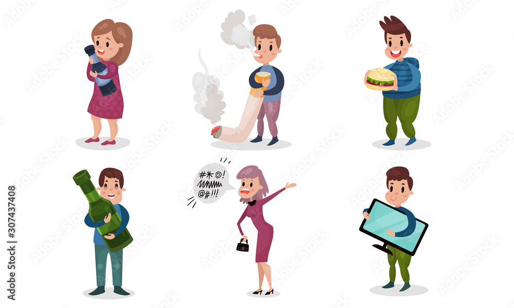 People Having Bad Habits Vector Illustrations Set. Harmful Addictions Concept People Having Bad Habits Vector Illustrations Set. Harmful Addictions Concept
