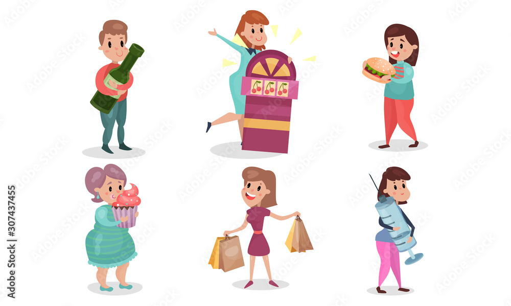 People Having Harmful Addictions Vector Illustrations Set People Having Harmful Addictions Vector Illustrations Set