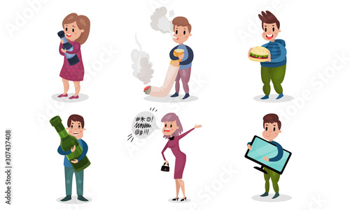 People Having Bad Habits Vector Illustrations Set. Harmful Addictions Concept