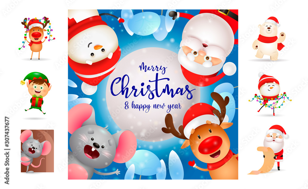 Fototapeta premium Merry Christmas and happy New Year festive poster. Text with decorations can be used for invitation and greeting card. New Year concept