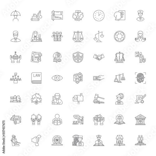 Law and justice line icons, signs, symbols vector, linear illustration set