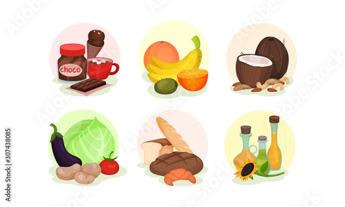 Circular Grouped Food Items Including Fruit and Vegetables Vector Set