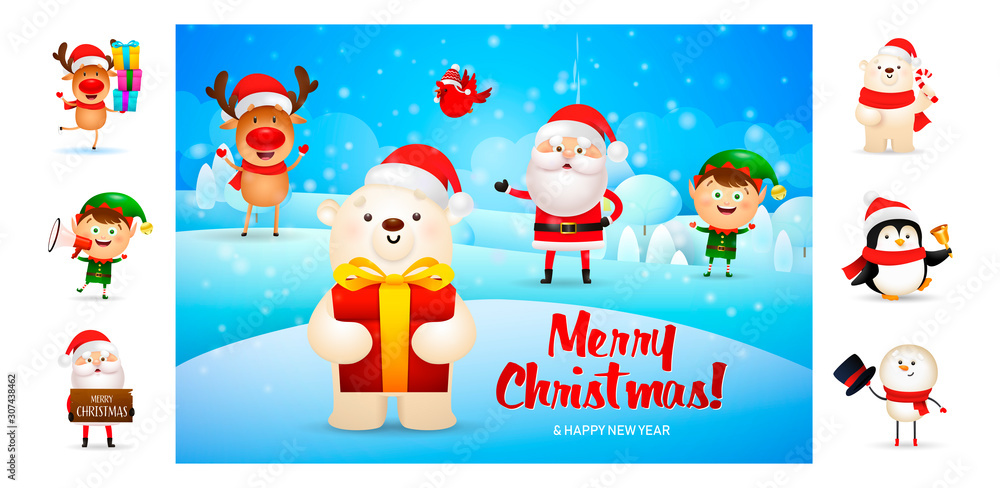 Merry Christmas card with cute cartoon bear. Text with decorations can be used for invitation and greeting card. New Year concept