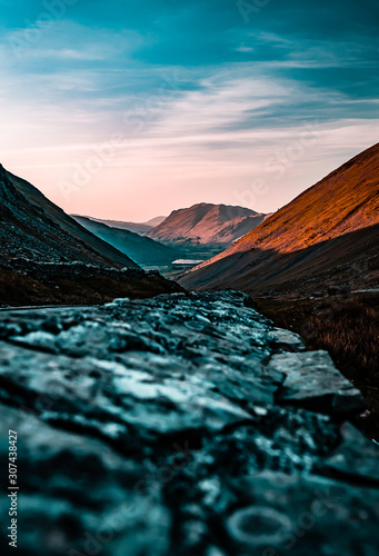 Kirkstone Pass valley in the Lake District, Cumbria, England at sunset time. photo