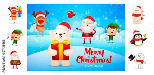 Merry Christmas card with cute cartoon bear. Text with decorations can be used for invitation and greeting card. New Year concept