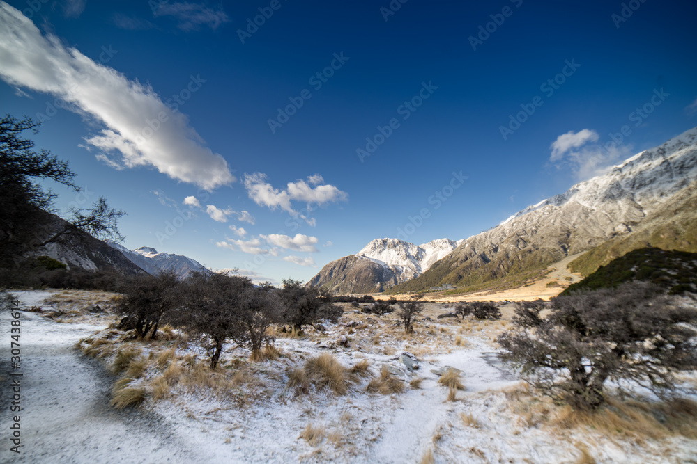 Fototapeta premium White Horse camping ground and caravan park located in Hooker Valley ,Mount Cook, New Zealand.