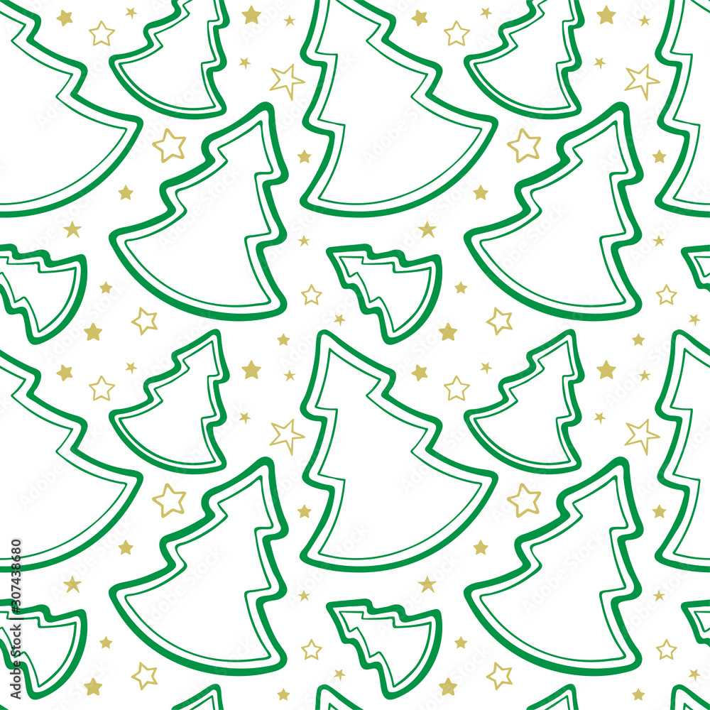 Green Christmas trees and golden stars seamless pattern. Hand drawn Christmas trees and stars endless background. Christmas and New Year decoration. Part of set.