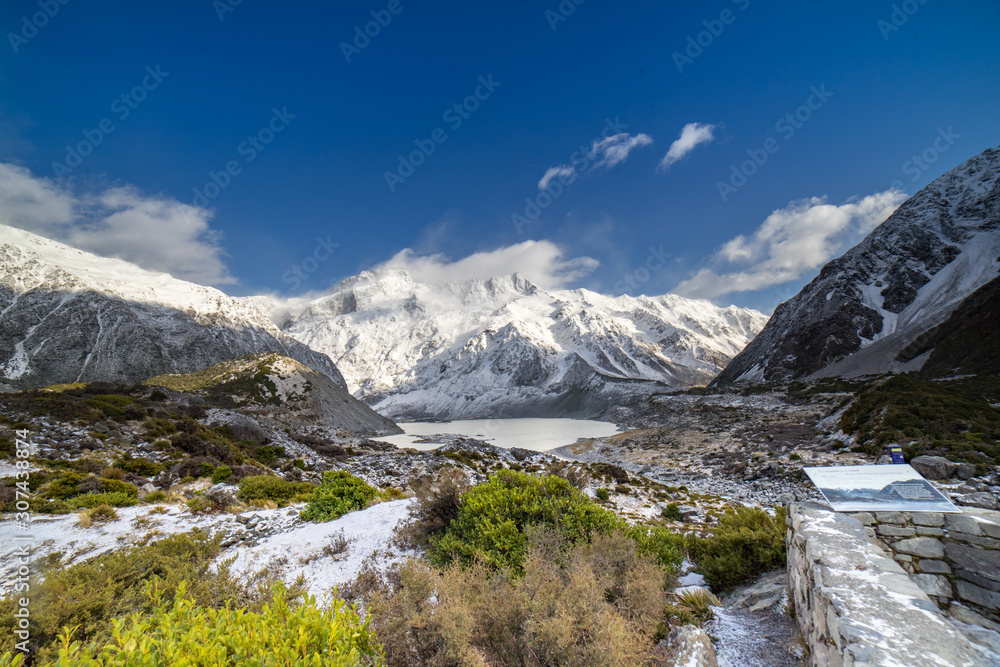 Amazing view at Mount Cook New Zealand.Close up shot on the grass covered by snow.