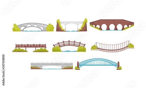 Wooden, Metal and Stone Bridges Collection, Urban Architecture Design Element Vector Illustration