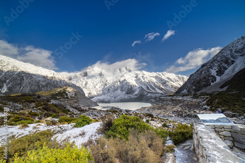 Amazing view at Mount Cook New Zealand.Close up shot on the grass covered by snow.