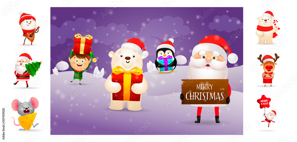 Merry Christmas card with Santa holding sign. Text with decorations can be used for invitation and greeting card. New Year concept