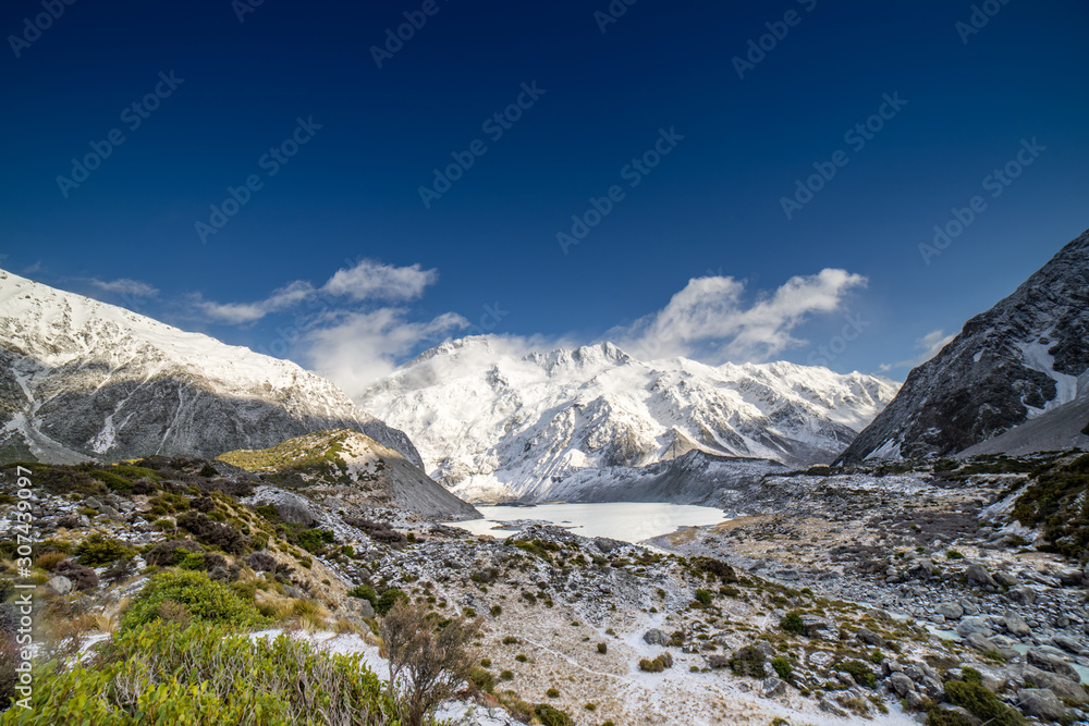 Amazing view at Hooker Valley track in Mount Cook, New Zealand.