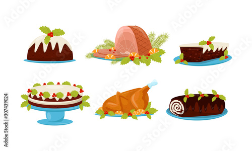 Christmas Festive Dishes and Desserts Set, Traditional Delicious Holiday Meal Vector Illustration