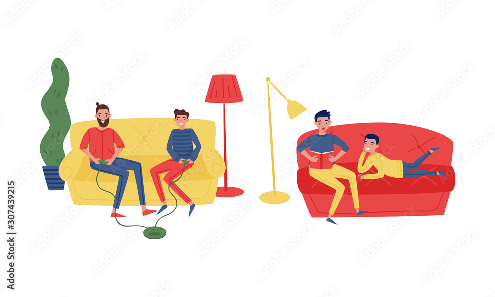 Fototapeta premium Loving Dads and Their Teenage Sons Spending Good Time Together Set, Father and Son Playing Computer Gamer a Reading Book Together Vector Illustration