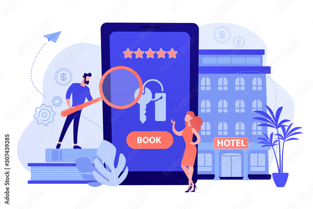 Booking accommodation mobile application. Website for ordering guestrooms, finding hostels location. Hotel room reservation concept. Pinkish coral bluevector isolated illustration Booking accommodation mobile application. Website for ordering guestrooms, finding hostels location. Hotel room reservation concept. Pinkish coral bluevector isolated illustration