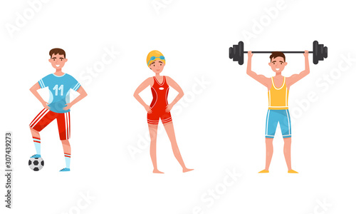 People Performing Various Sports Activities Set, Male and Female Athletes Playing Soccer, Swimming, Exercising with Dumbbell Vector Illustration