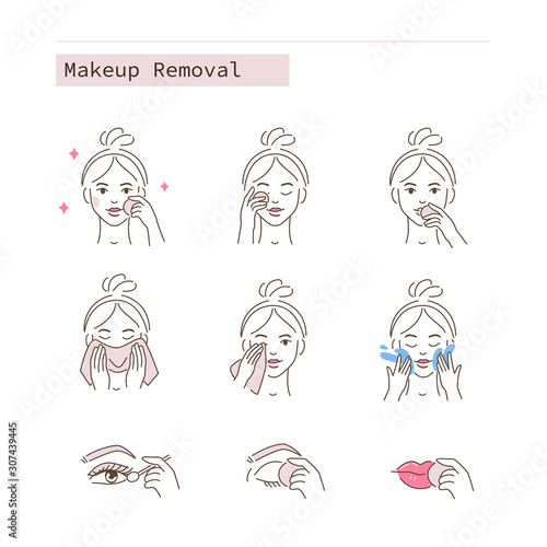 Beauty Girl Take Care of her Face and Remove Facial Makeup. Adorable Woman Making Cleaning Procedures. Skin Care Routine, Hygiene and Moisturizing Concept. Flat Vector Illustration and Icons set.