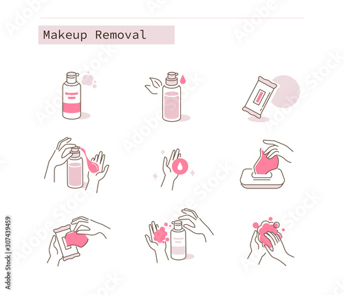 Makeup  Removal Cosmetic Icons Collection.  Different Cleaning Beauty Products. Tissue, Foam, Gel and Soap. Skin Care Routine, Hygiene and Moisturizing Concept. Flat Line Cartoon Vector Illustration.