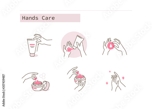 Hands Care Cosmetic Icons Collection. Woman Use Different Skincare Products. Hand and Body Cream and Lotion. Skin Care Routine, Hygiene and Moisturizing Concept. Flat Line Cartoon Vector Illustration.