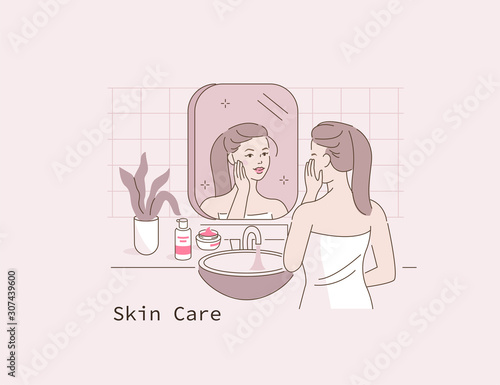 Beauty Girl Standing in front of  Mirror in Bathroom. Woman Take Care of her Face and Body Skin. Spa Procedures at Home. Skin Care Routine and Hygiene Concept. Flat Cartoon Vector Illustration.