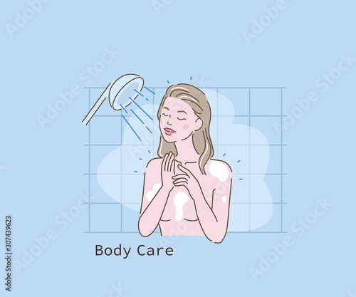  Beauty Girl Taking a Shower  in  her Bathroom. Woman Washing her Body and Relaxing. Spa Procedures at Home. Skin Care Routine and Hygiene Concept. Flat Cartoon Vector Illustration.