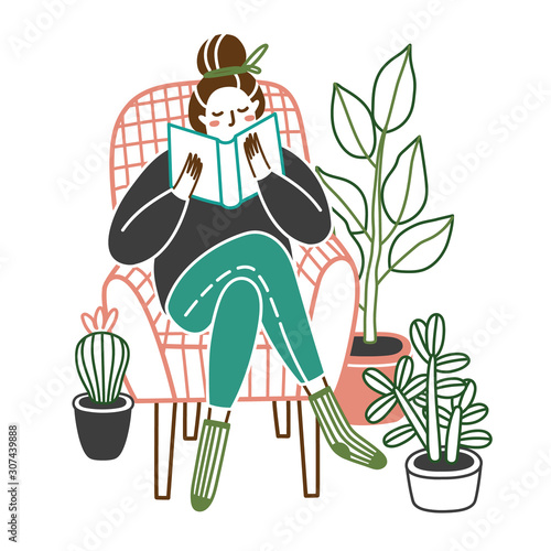 Woman at home reading a book in chair. Girl sitting in chair reading interesting book, or studying. Crazy plant lady. Vector illustration isolated on white background. 