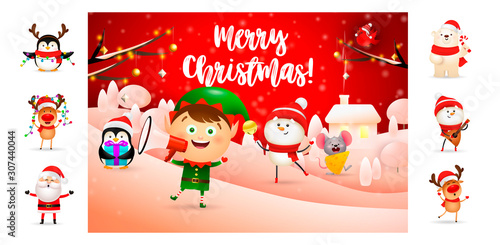 Merry Christmas greeting card with smiling elf. Text with decorations can be used for invitation and greeting card. New Year concept