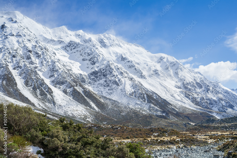 Mount cook covered by snow.View from Hooker Valley track.