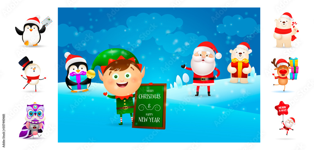 Fototapeta premium Merry Christmas postcard with cute cartoon elf. Text with decorations can be used for invitation and greeting card. New Year concept