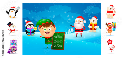 Merry Christmas postcard with cute cartoon elf. Text with decorations can be used for invitation and greeting card. New Year concept