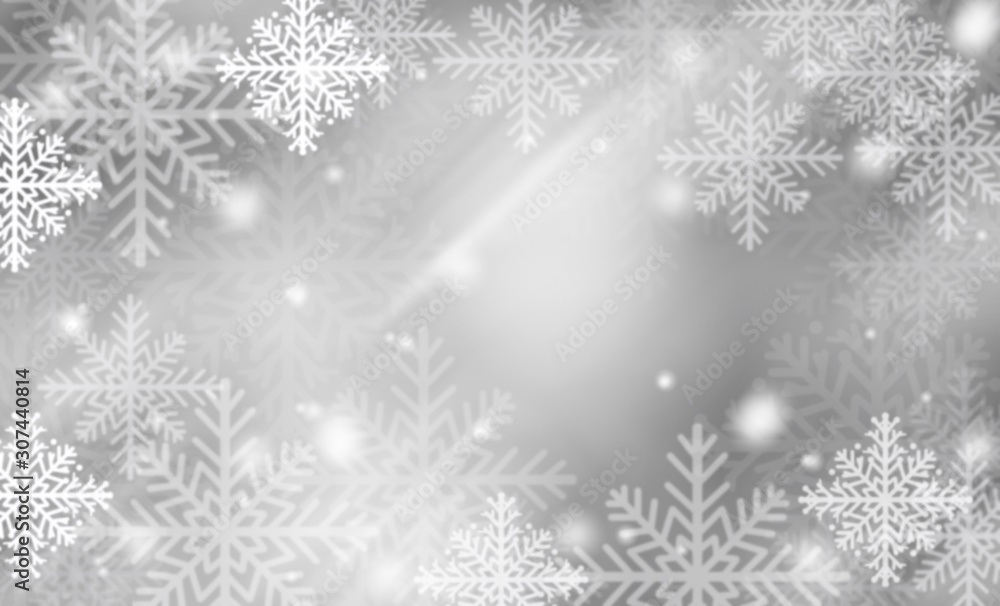 Gray abstract background with white snowflakes winter and bokeh stars blurred beautiful shiny light, use illustration Christmas new year wallpaper backdrop and texture your product.