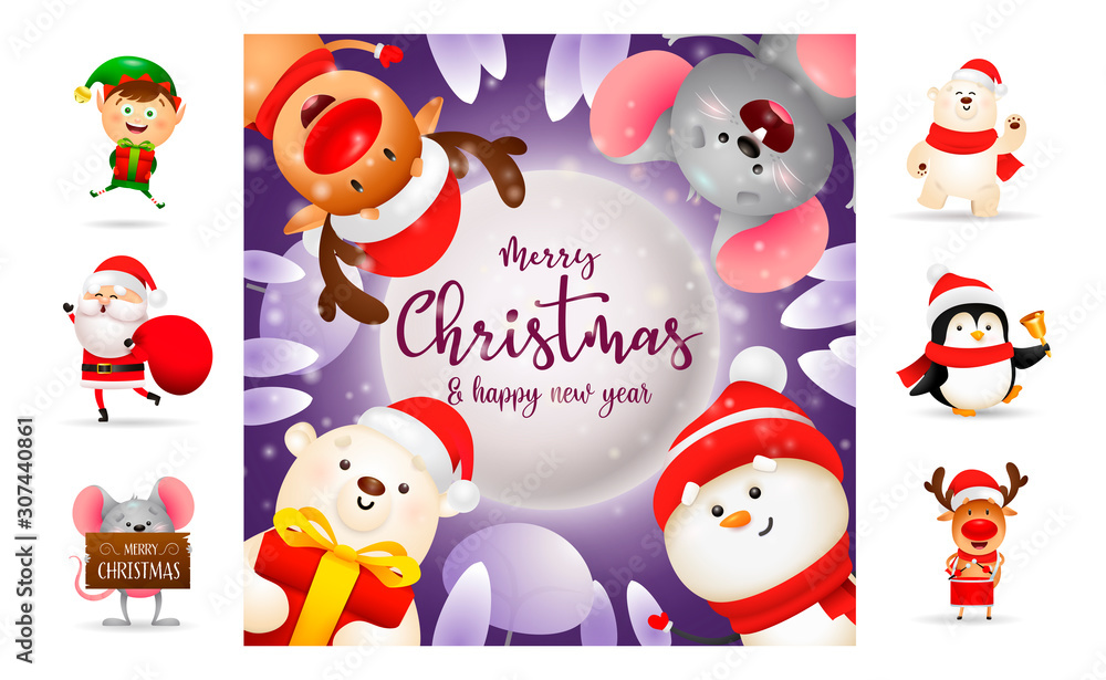 Fototapeta premium Merry Christmas poster with cartoon characters. Text with decorations can be used for invitation and greeting card. New Year concept