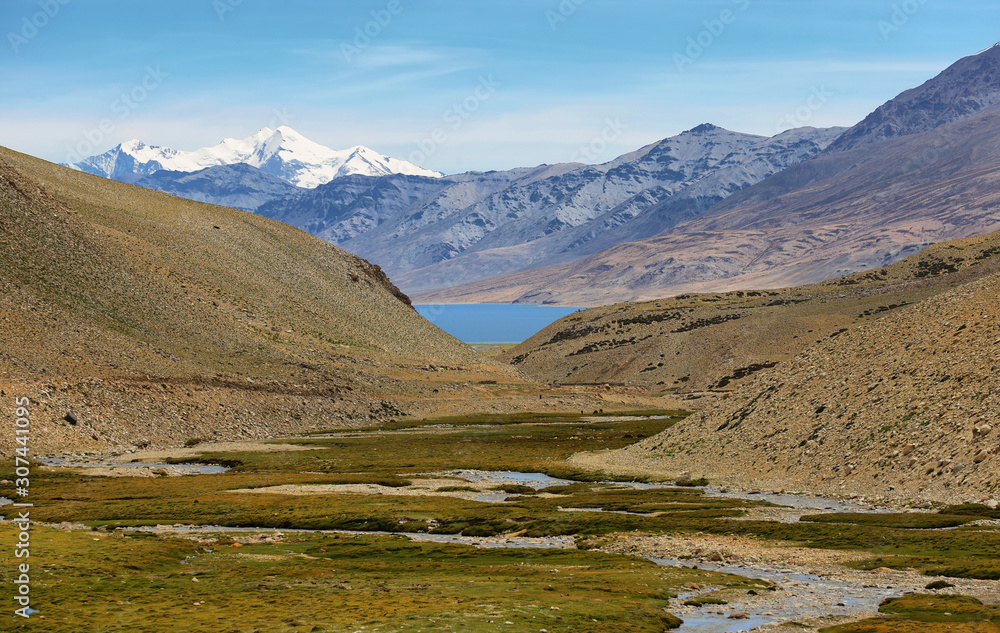 Himalayan lake Tso Moriri  with Mount Gya at background. Korzok, Ladakh, India