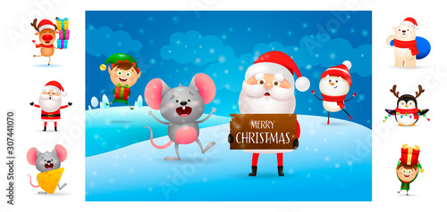 Merry Christmas poster with Santa holding wooden sign with Text. Text with decorations can be used for invitation and greeting card. New Year concept