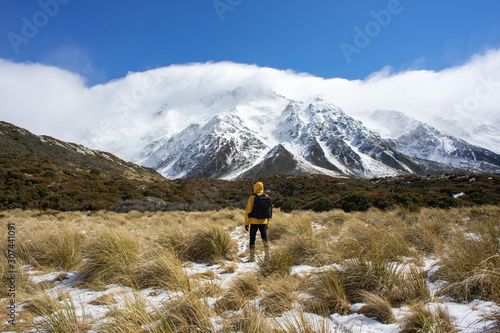 Hiking the Hooker Valley track in Mount Cook,New Zealand.