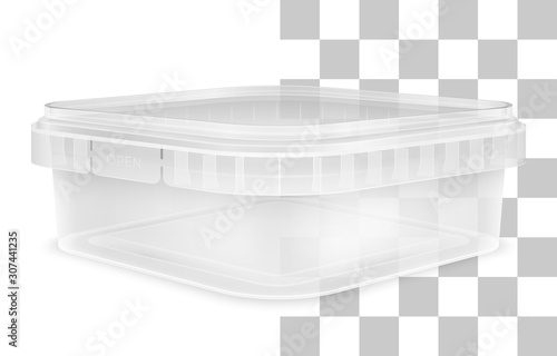 Vector transparent low rectangular empty plastic bucket. Front view from the corner.