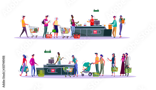 Set of buyers paying for purchases at supermarket checkout counter. Grocery shop cashier and shoppers standing in line with shopping carts. Diverse people buying food flat vector illustration