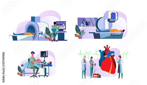 Set of doctors operating medical equipment examining patients. Diagnostic MRI tomograph, ultrasound scanner, X-ray machine scanning people. Heart cardiogram. Medicine, health flat vector illustration