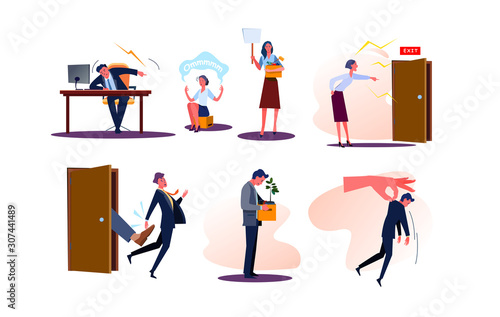 Set of fired business men and women employees with boxes. Angry bosses firing and shouting at workers dismissed from job. Upset people being kicked out of work. Unemployment flat vector illustration