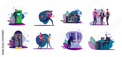 Set of thieves stealing bags and burglars breaking into houses. Hackers men hacking computer, ATM, safe. Robber criminals threating people victims with knife. Crime, theft flat vector illustration