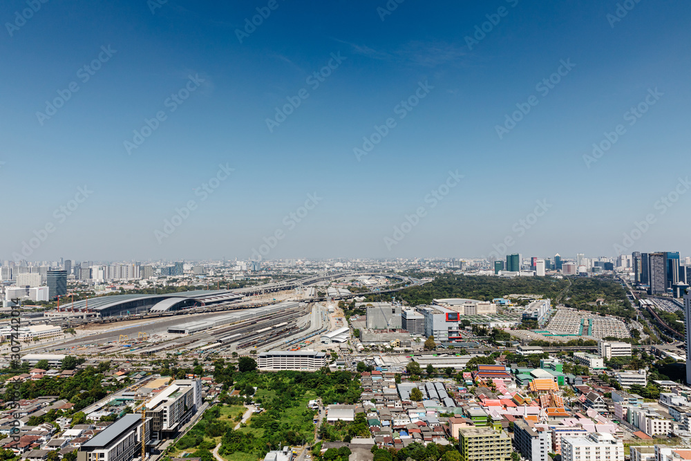 BANGKOK, THAILAND - NOV, 26, 2019 : Aerial view of Bang Sue central station, the new railway hub transportation building under construction in Bangkok, Thailand.