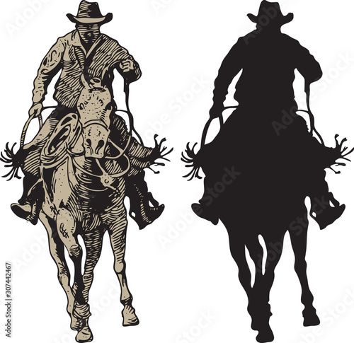 Print cowboy riding a wild horse mustang rounding a kicking horse on a rodeo graphic sketch sketching graphics