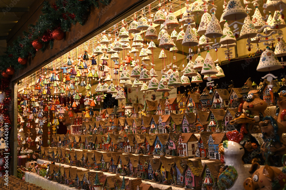 Florence, December 2019: Handmade Christmas decorations at Christmas market in Piazza Santa Croce in the centre of Florence City. Italy