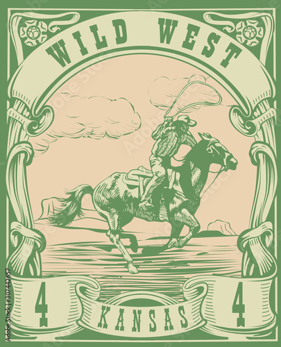 vector image of a cowboy on a horse with a lasso in the form of a postage stamp with the inscription Kansas