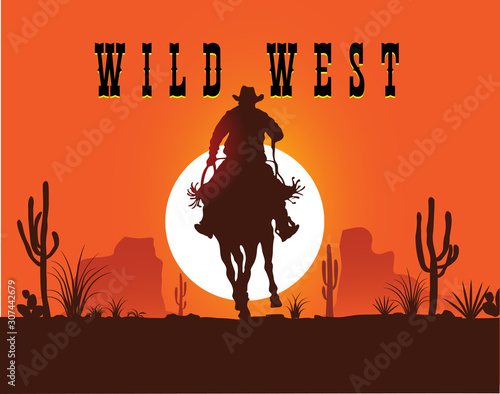VECTOR IMAGE OF A COWBOY ON A HORSE ON A SUNSET BACKGROUND IN THE 