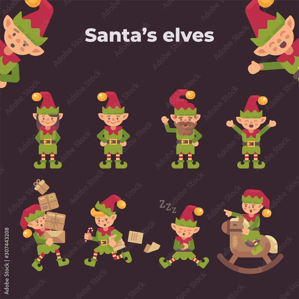 Christmas elves collection. Holiday characters flat illustration Stock
