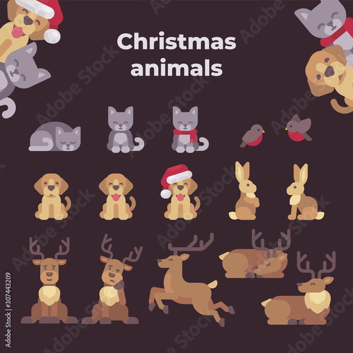 Fototapeta Naklejka Na Ścianę i Meble -  Christmas animals collection. Cute animals flat illustration