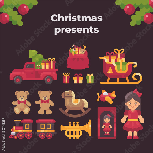 Christmas presents collection. Toys and gifts flat illustration